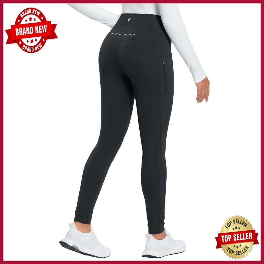 Fleece Lined Water Resistant Leggings High Waist Zipper Pockets Running Hiking